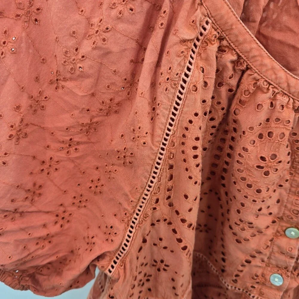 Faherty Rust Burnt Orange Eyelet 100% Organic Cotton Boho Blouse Size Medium - Picture 3 of 16